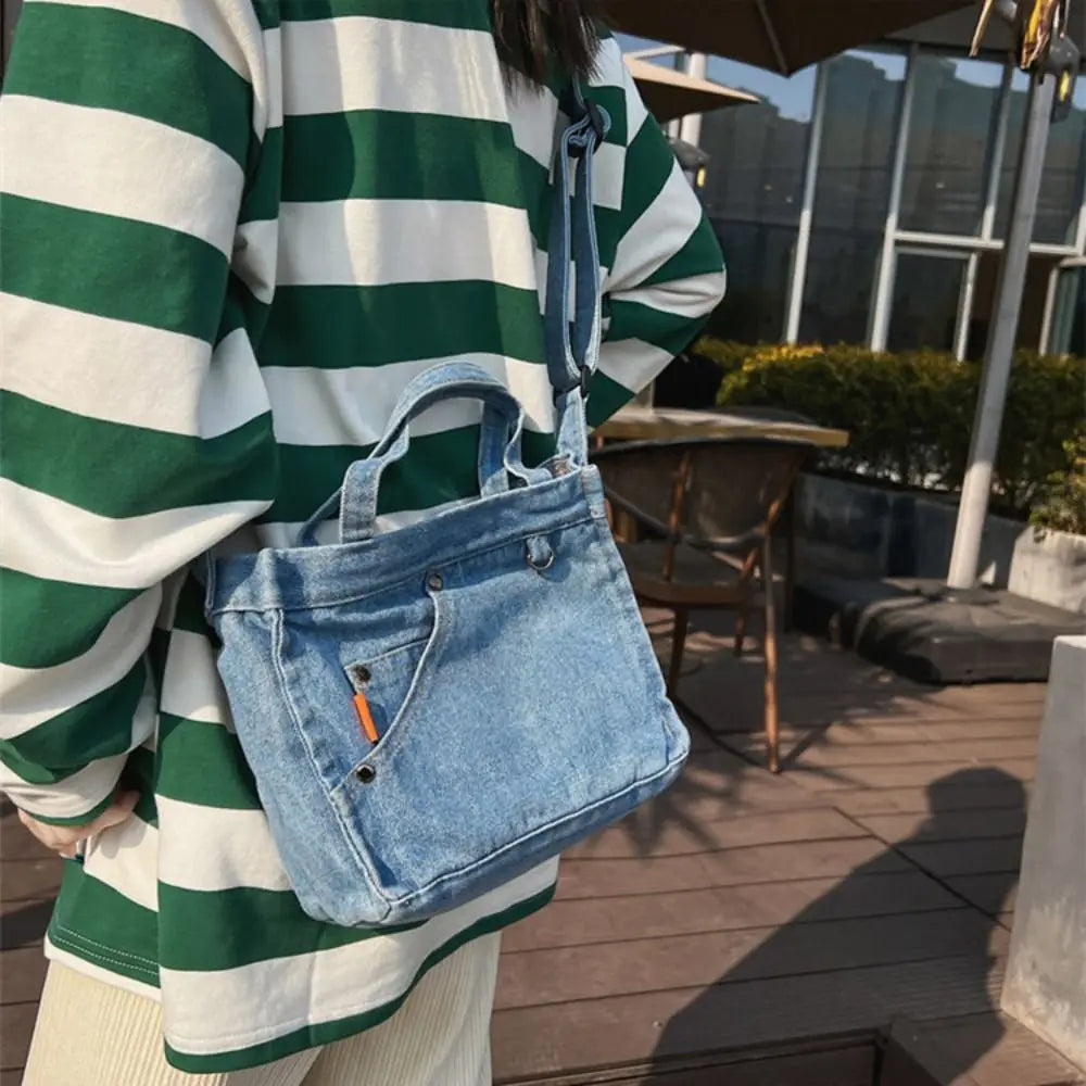 Fashion Large Capacity Denim Crossbody Bag Handbag Commute Canvas Tote Bag Simple Small Square Bag Cloth Shoulder Bag Boys