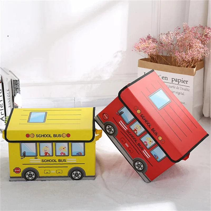 Cartoon School Bus-Themed Children's Storage Box: Foldable Toy Storage Box with Lid, Ideal for Children's Rooms and Travel