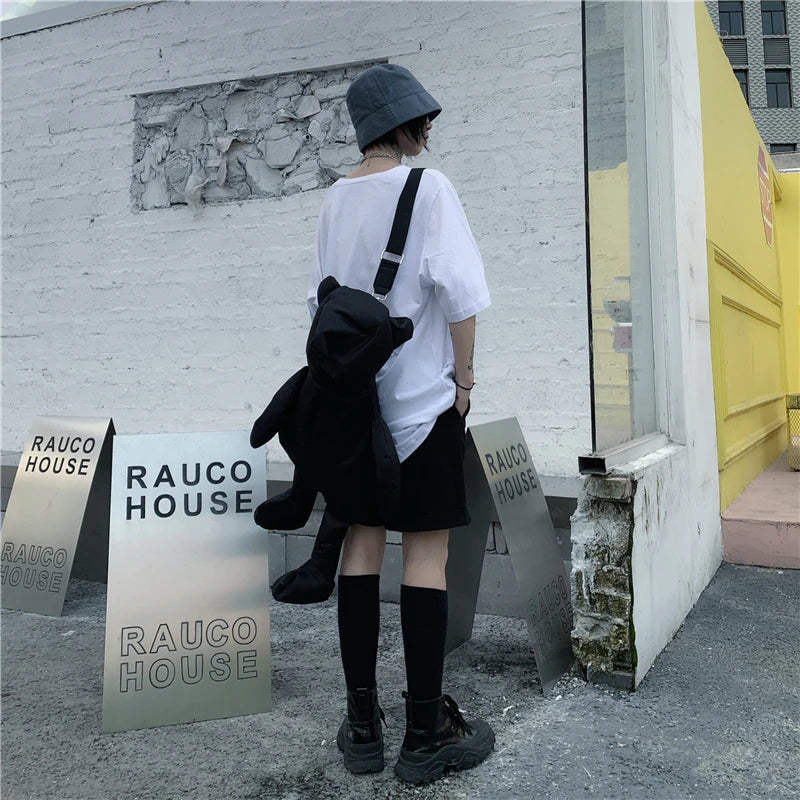 New Fashion Nylon Oxford Cloth Teddy Bear Design Backpack Personalized Motorcycle Style Multifunctional Portable Crossbody Bags