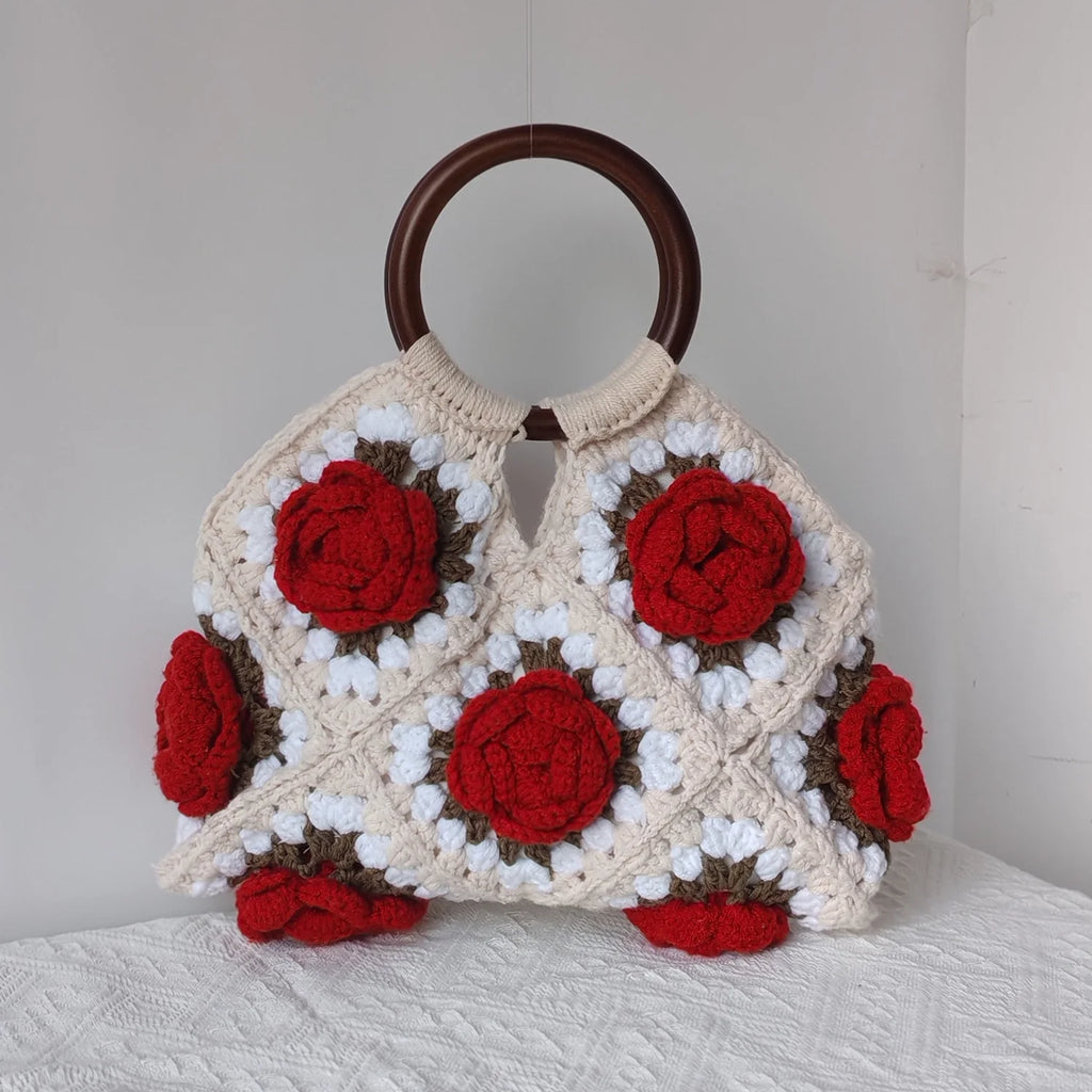 Handmade Crochet Rose Bag | Boho Floral Handbag with Wooden Handles | Summer Casual Tote