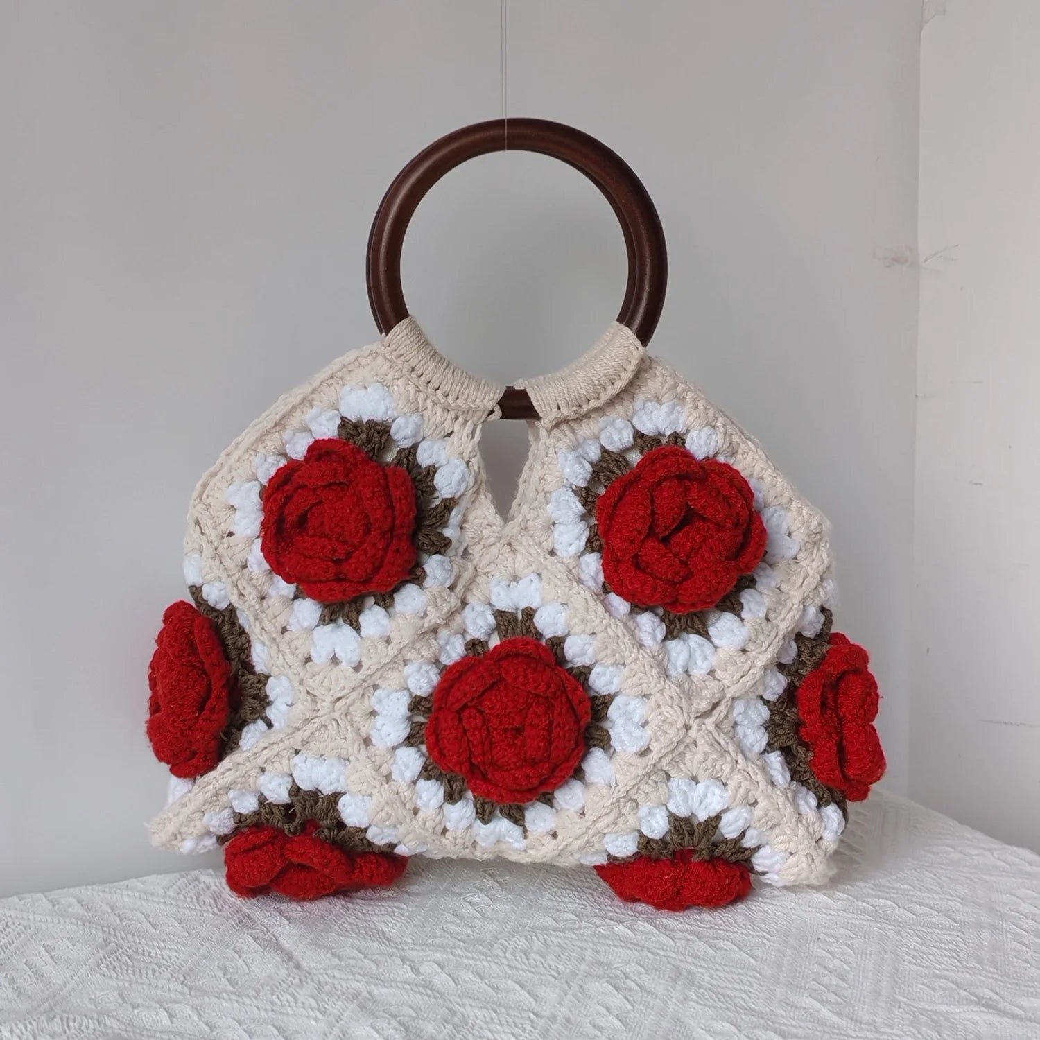 Handmade Crochet Rose Bag | Boho Floral Handbag with Wooden Handles | Summer Casual Tote