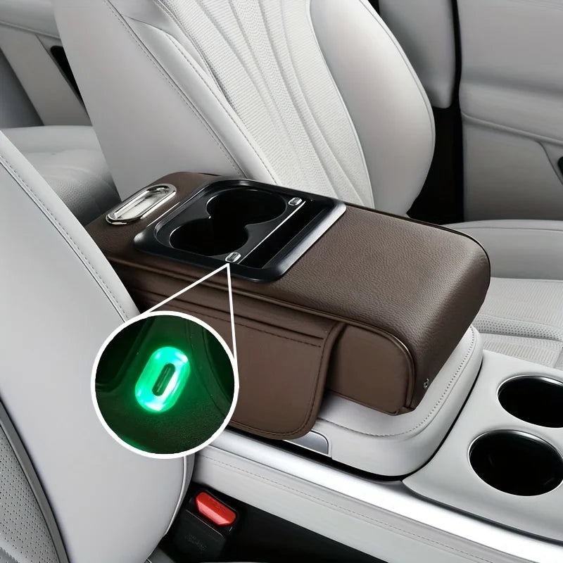 Dual Type-C Ports with Lighted Sockets, Universal Integrated Multifunctional Car Center Armrest Box, Includes Adapter and Tissue Holder