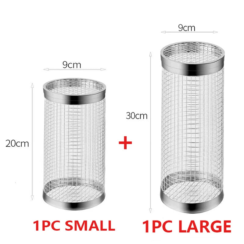 Rolling Grilling BBQ Basket Outdoor Picnic Camping Simple Cylindrical BBQ Grill Stainless Steel Leakproof Mesh Barbecue Rack