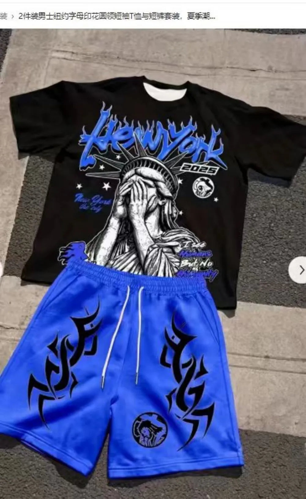 New Men's Summer Statue of Liberty Printed Comfortable Breathable Round Neck T-shirt Drawstring Shorts Set Outdoor Street Wear