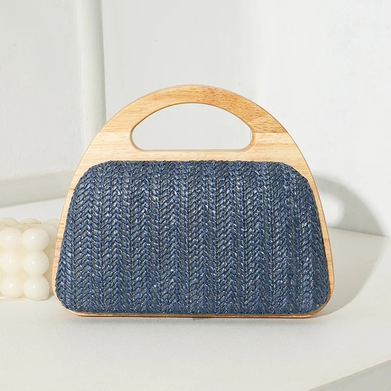 New Crescent Solid Wooden Handle Dinner Bag Summer Straw Woven Handbag Chain Shoulder Crossbody Bag Travel Beach Shopper Purses