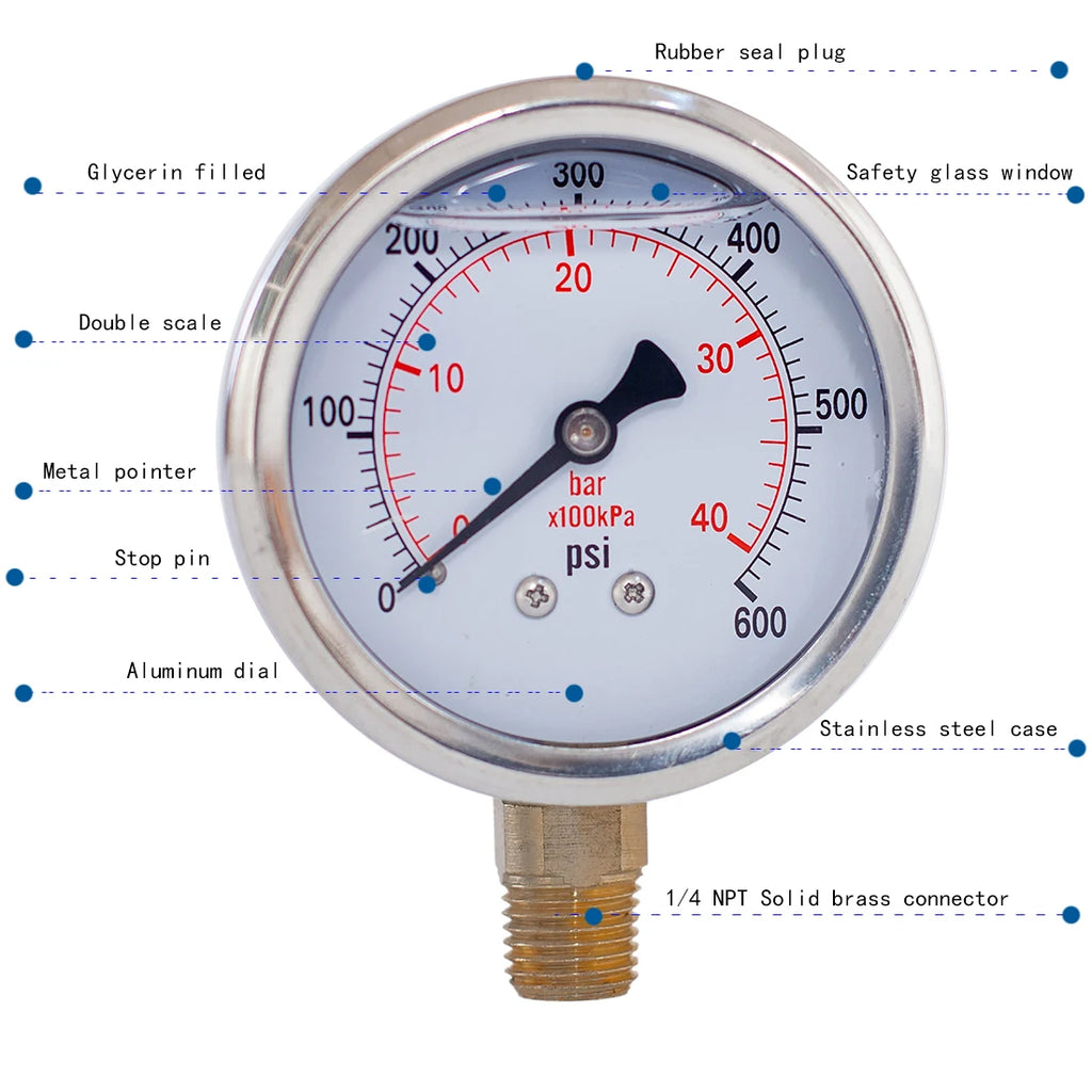 JIVTO Glycerine Filled Pressure Gauge 2.5" 1/4 NPT Lower Mount 30, 60,100,160, 200, 300, 400,600,2000,3000,5000,10000 Psi & Bar