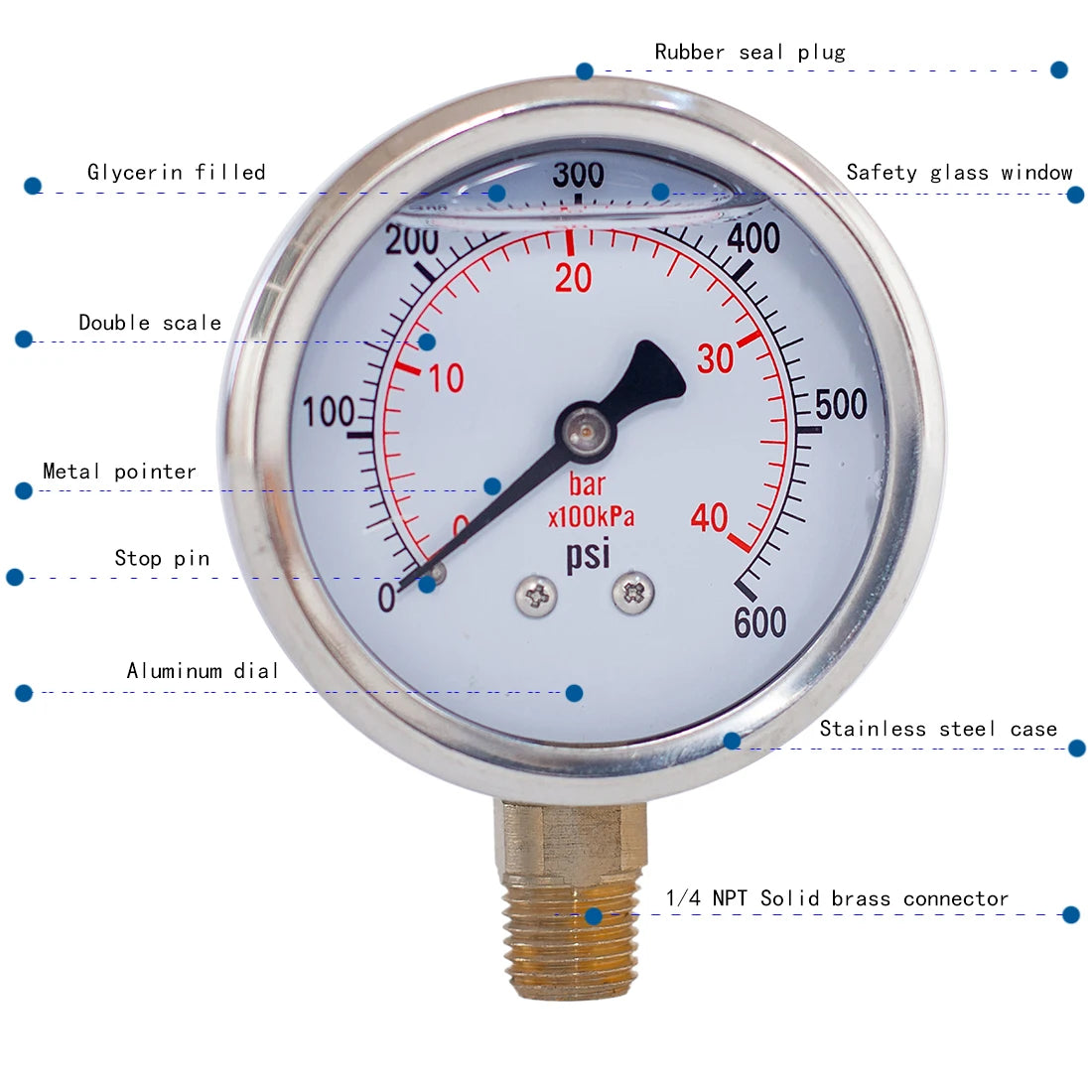 JIVTO Glycerine Filled Pressure Gauge 2.5" 1/4 NPT Lower Mount 30, 60,100,160, 200, 300, 400,600,2000,3000,5000,10000 Psi & Bar