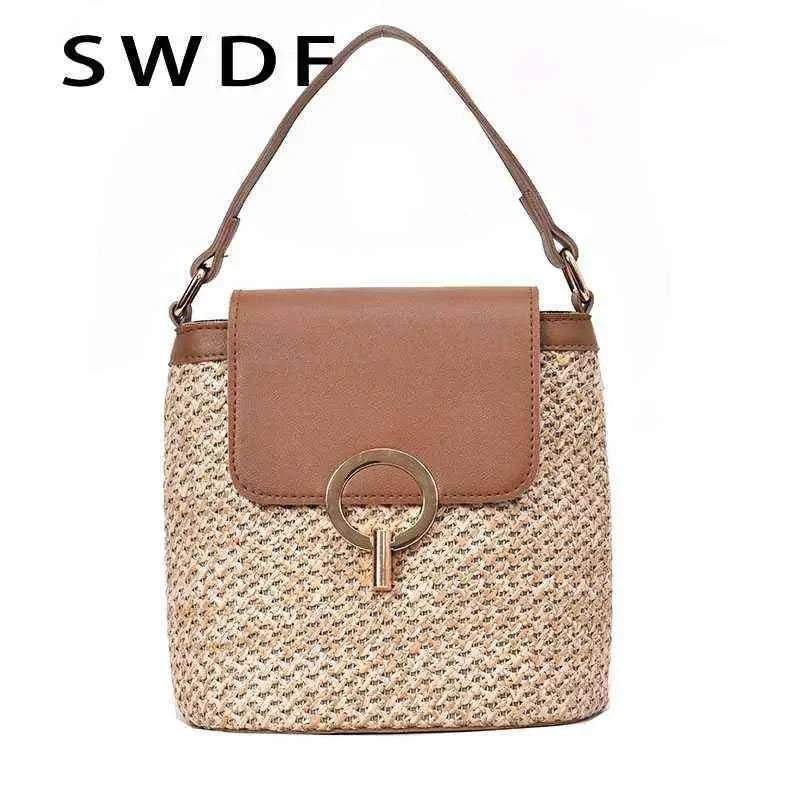 SWDF New Small Straw Bucket Bags For Women 2022 Summer Crossbody Bags Lady Travel Purses And Handbags Female Shoulder Simple Bag G220423