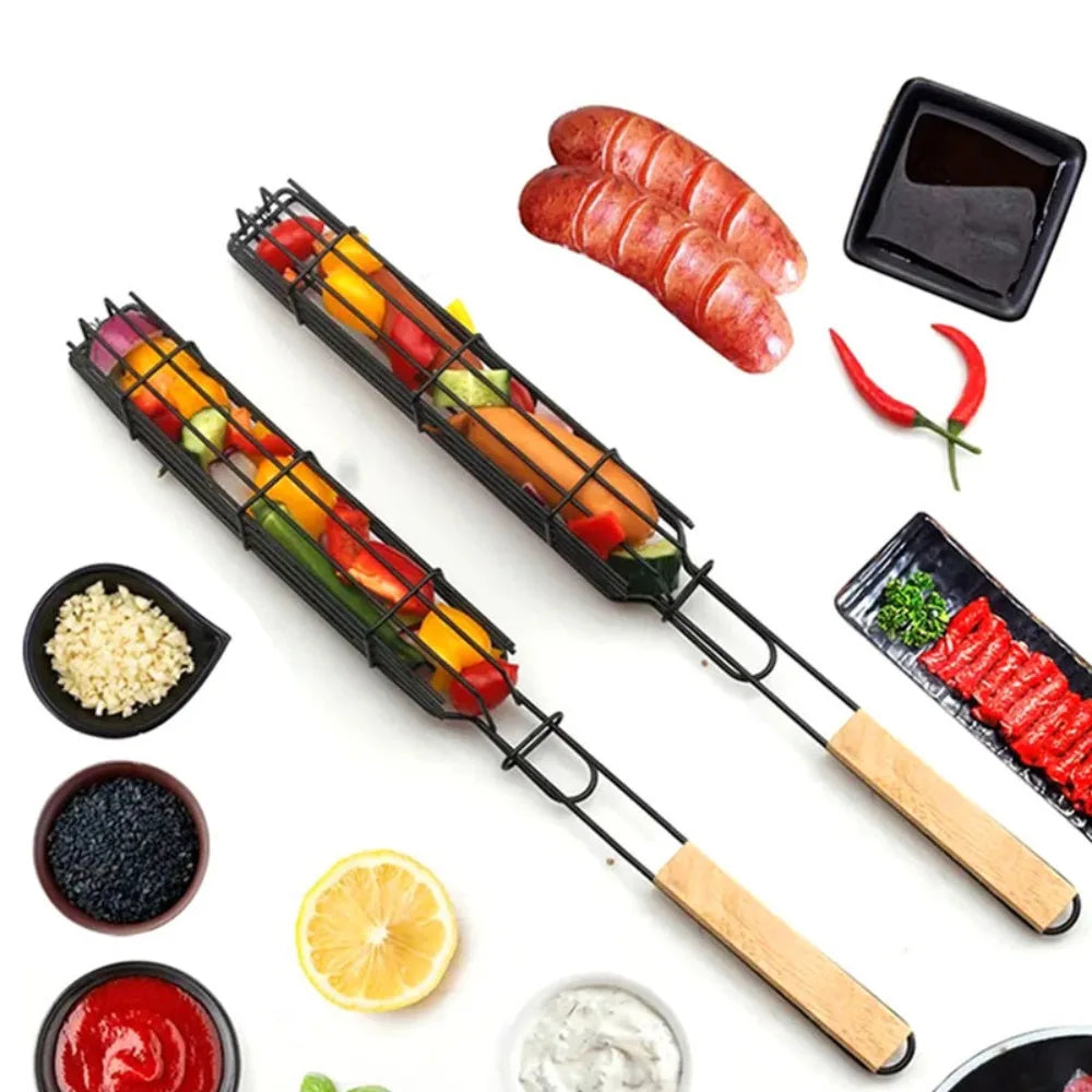 Camping Grill Grate Foldable BBQ Grill Basket Duty Non Stick Mesh Tray Wooden Handle Accessories for Sausage Fish Vegetables BBQ