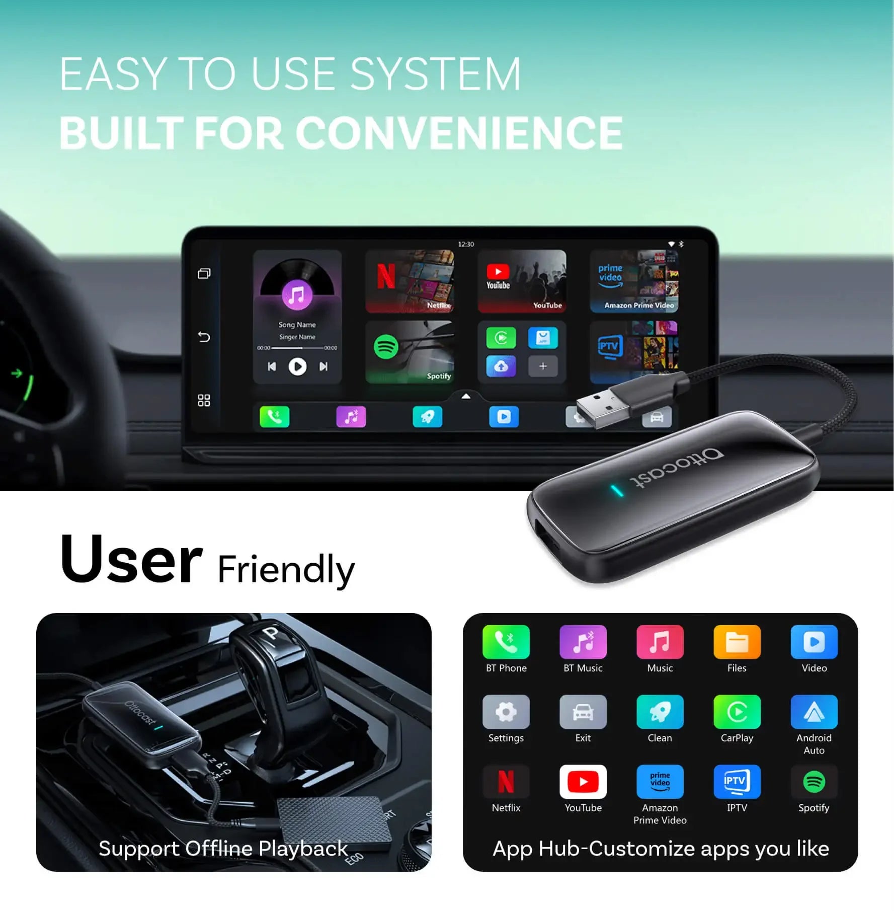 OTTOCAST Play2Video Ultra Wireless CarPlay Android Auto Adapter for Youtube for Netflix Video Box Car Accessories
