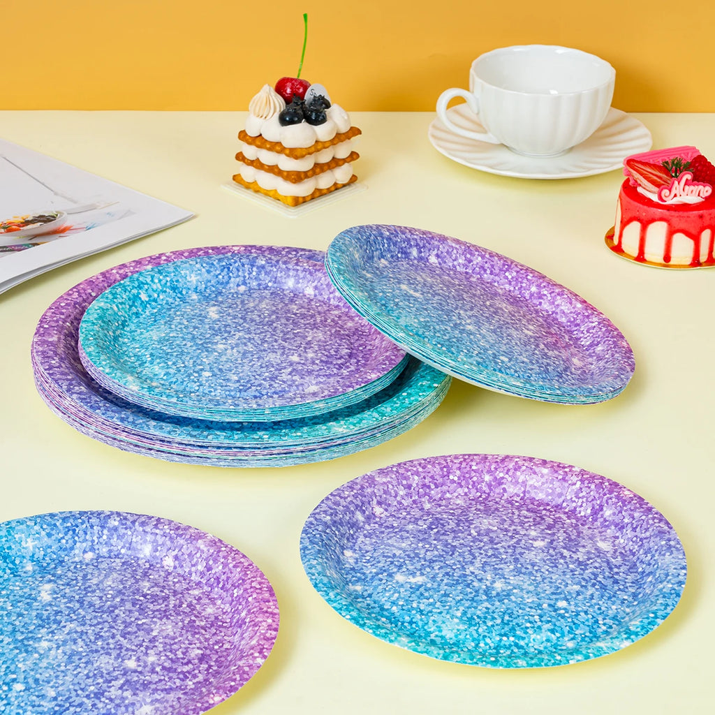 10/25/50pcs Disposable Galaxy Print Paper Plates Gradient Blue Purple Round Plates for Party Tableware
