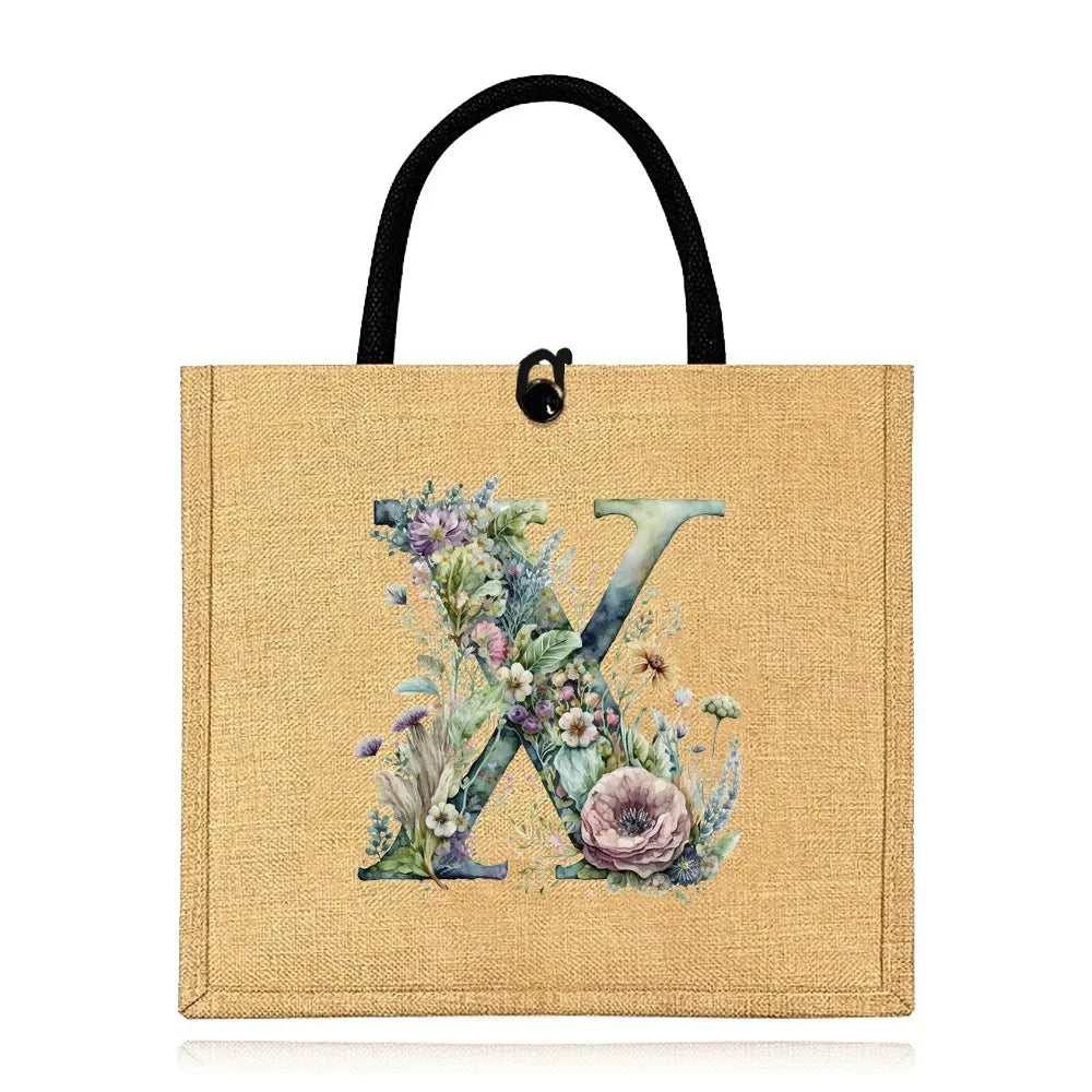 Flax Bag Fastener Handbag Organizer Storage Jute Tote Bags Imitation Cotton Women Valise Portable Floral Letter Printing Series