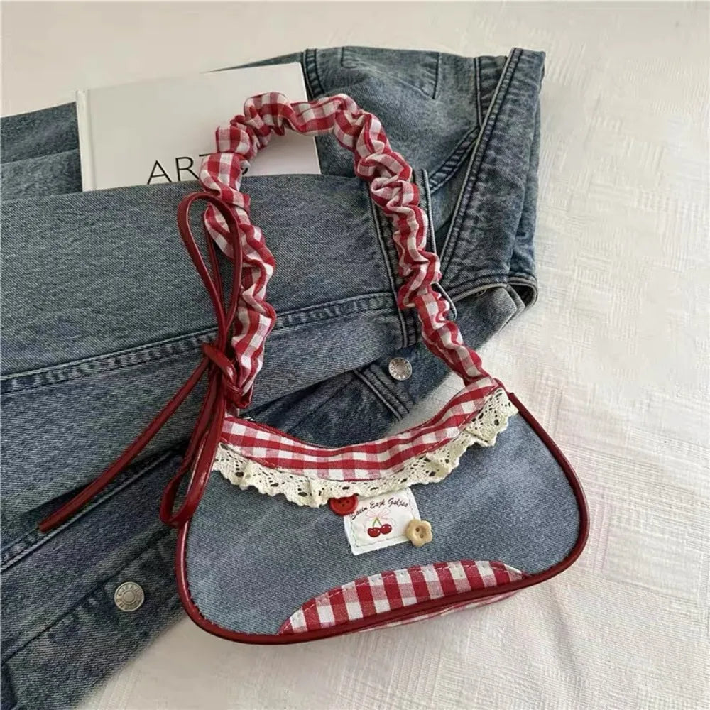 Y2K Grid Bowknot Underarm Bag Women Lace Shoulder Bag Korean Style Aesthetic Handbag Large Capacity Crossbody Bag Fashion Cute
