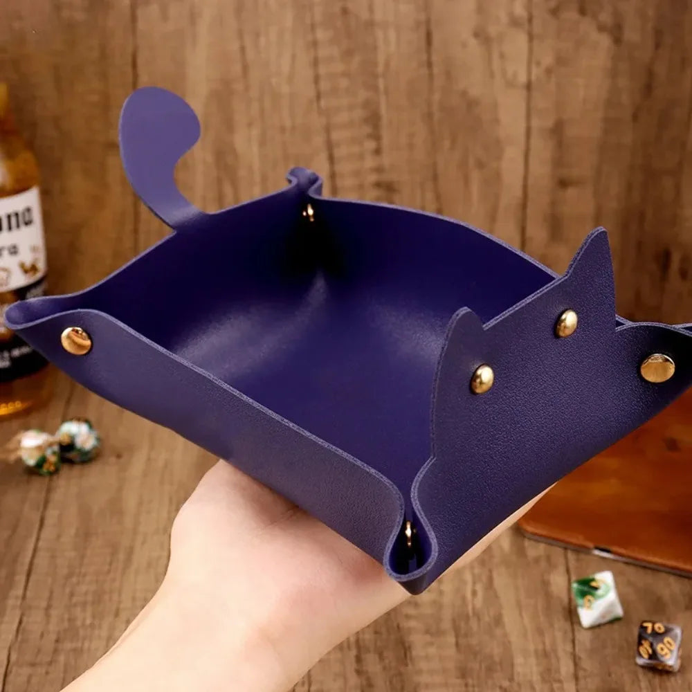 New Cute Cat Dice Tray with Metal Clasp Large Capacity Foldable for Easy Portable Desktop Storage with Artificial Leather Tray