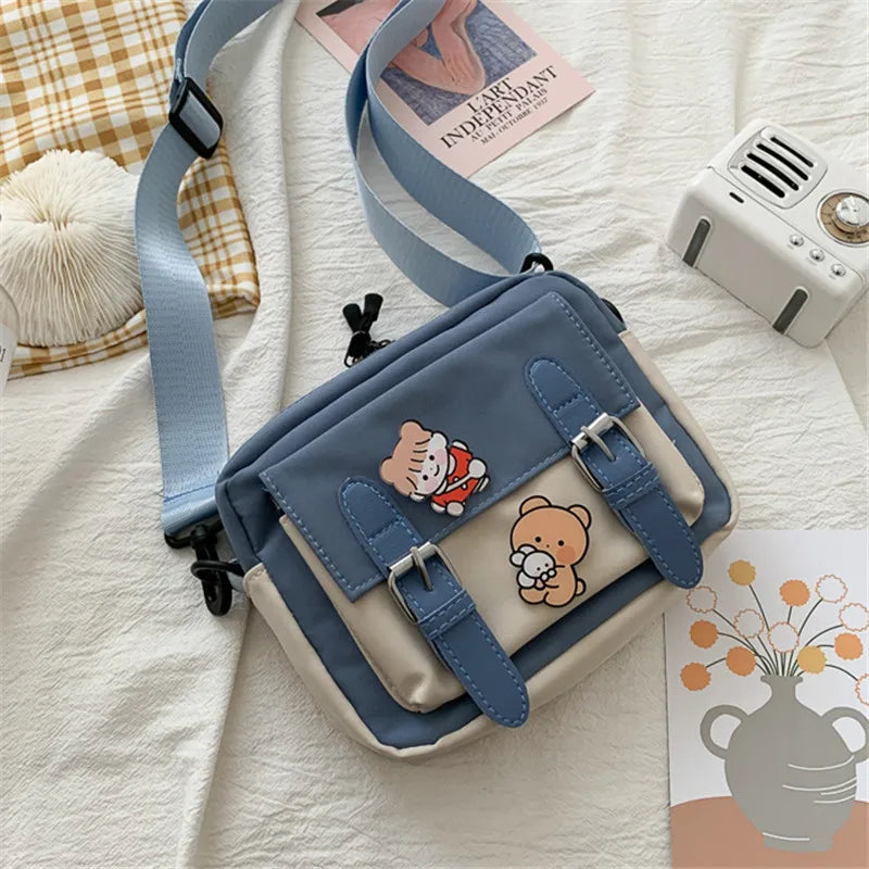 Girl's Fashion Nylon Shoulder Bag with Badge, Harajuku Shoulder Bag, Casual Square Cute Messenger Bag For Women Travel Going Out