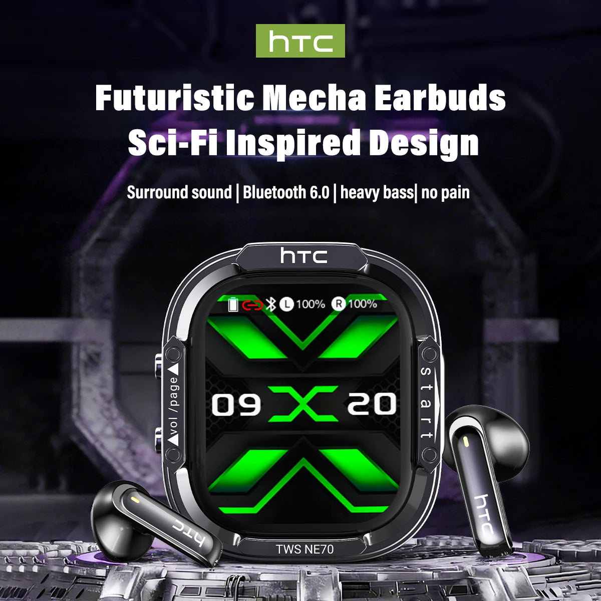 Bluetooth Wireless Headset HTC NE70 AI Real-Time Translator Earbuds 134 Languages Video Subtitle Touch LED Screen BT6.0 HiFi