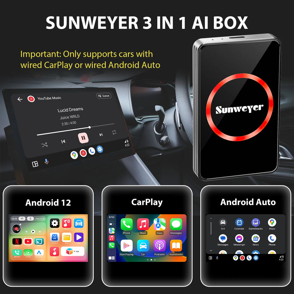Wireless CarPlay Adapter – Android Auto AI Box SW12 Lite with Netflix, YouTube, Hulu, App, Dual-Band WiFi 6, Bluetooth, HDMI