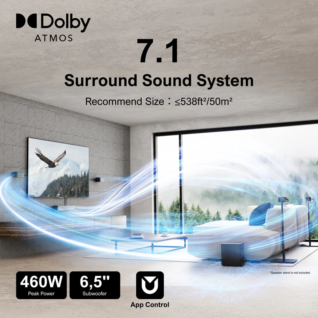 ULTIMEA Poseidon D80 7.1 Surround Soundbar with Dolby Atmos, Wireless Subwoofer&4 Speakers, Home Theater System with APP Control