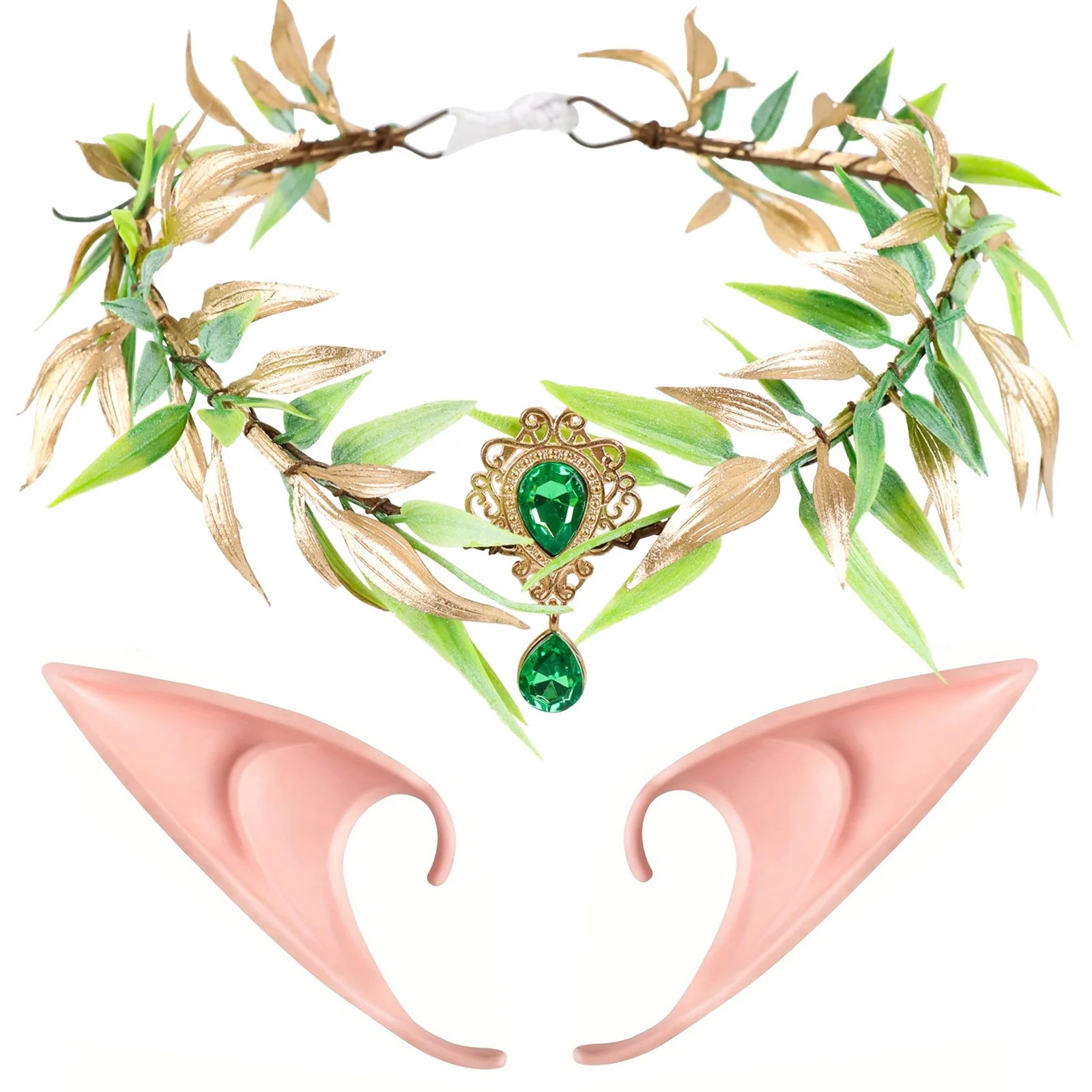 Retro Fairy Leaf Rhinestone Headband Elf Ears Woven Forest Garland Tiara Girl Elven Headpiece for Role-playing Party Costume