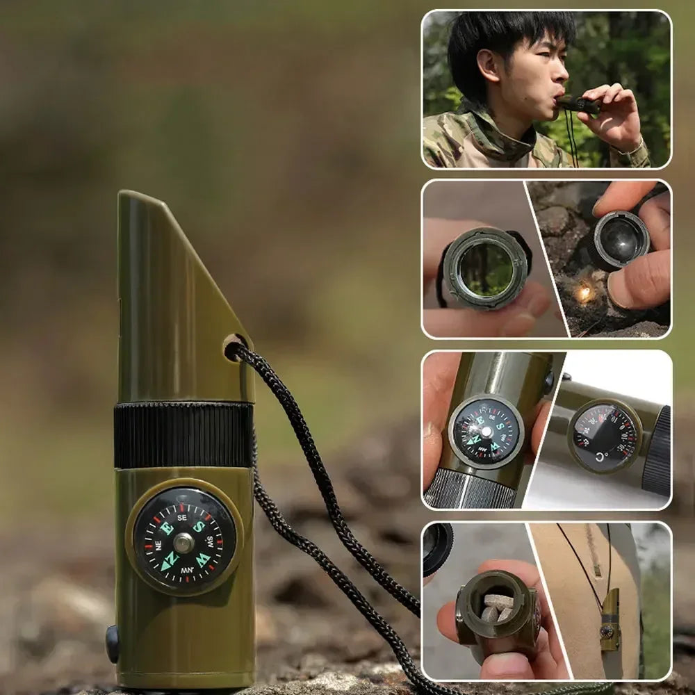 1Pcs 7 in 1 Multifunction Survival Whistle Compass Thermometer LED Light Outdoor Emergency Rescue Camping Hiking Safety Tool EDC