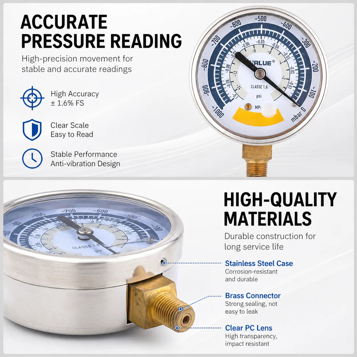 63mm Vacuum Gauge Pressure Gauge Accurate Air Gauge Instrument for Vacuum Pump 0-14psi Dial Display G1/8in Connector