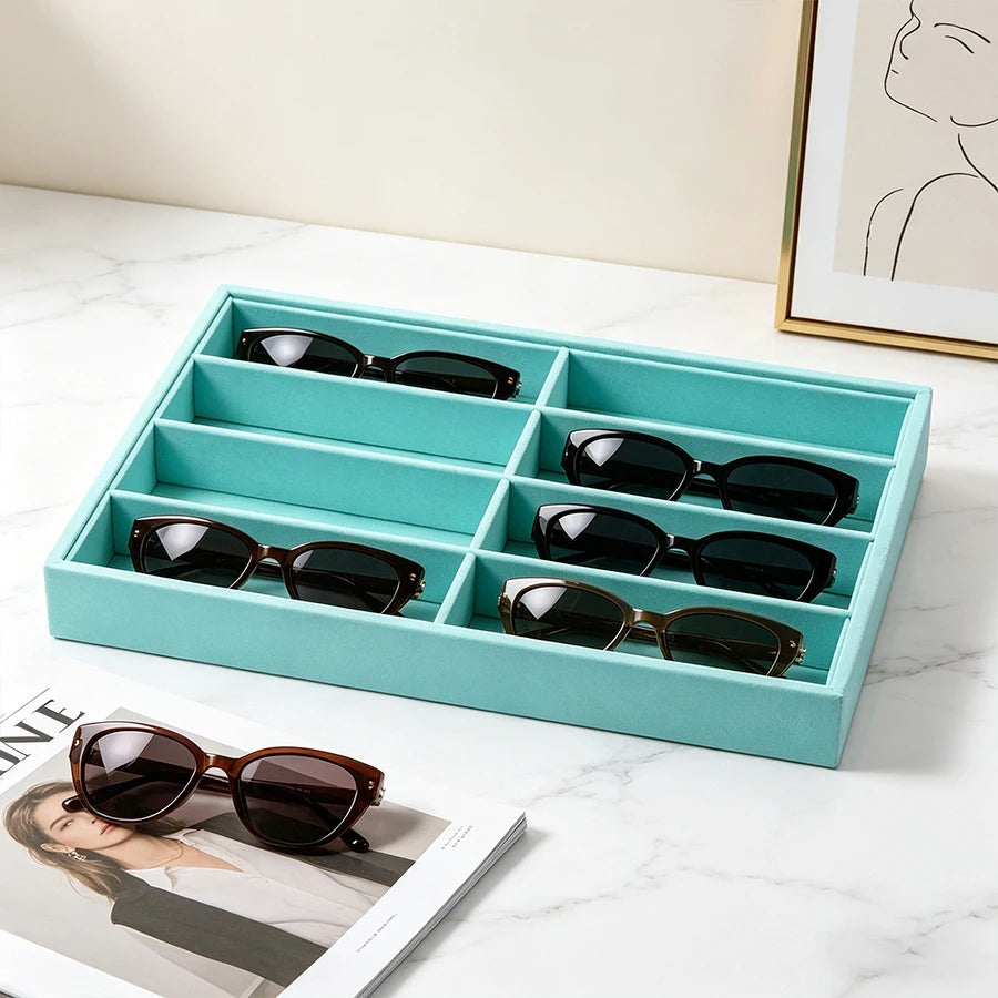 Versatile Gray Velvet Organizer Tray for Glasses, Jewelry & Watches - 8-Compartment, Stackable Display Storage Box, Jewelry Tray