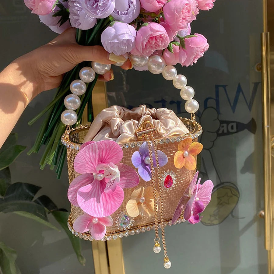Beaded Handle Clutch Purse for Women Flower Crossbody Bag Birdcage Diamond Handbag Evening Bag Wedding Party Banquet Bucket Bags
