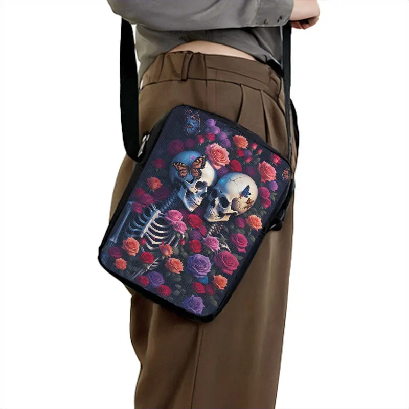 Skull Rose Butterfly Print Crossbody Bag Women Shoulder Bags for Travel Handbags Phone Holder Student Messenger Bags Gift
