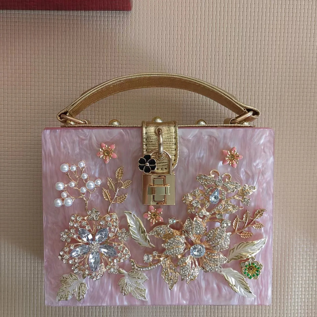 Luxury Designer Shimmer Acrylic Box Glitter Rhinestones Diamond Evening Bag Wedding Party Clutch Purse Shoulder Messenger Bag