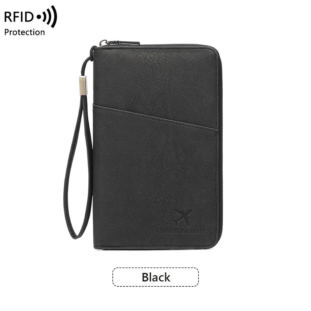Multi-Functional RFID Blocking Passport Wallet Zipper Travel Document Holder Wrist Strap Multi Passports Card Ticket Organizer