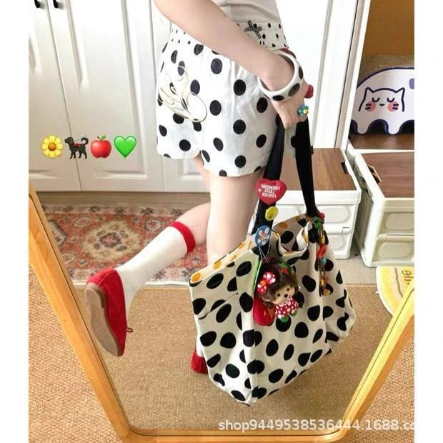 Super Large Capacity Korean Polka Dot Shoulder Bag Retro Fashion Shopping Bag Literary Work Commute Versatile Canvas Handbag Gif