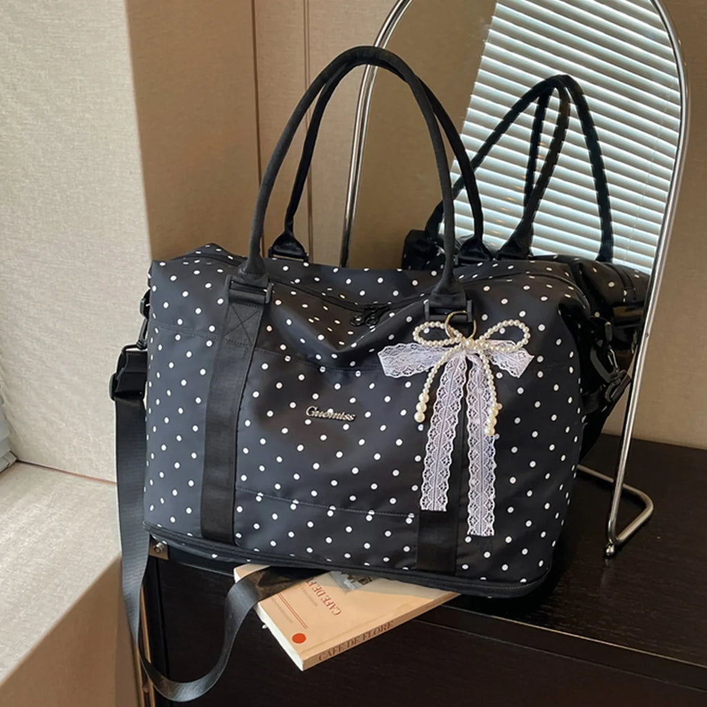 Korean Polka Dot Lazy Style Large Capacity Women's Luggage Bag Travel Handheld Short Trip Business Commuting Bag Lightweight ...