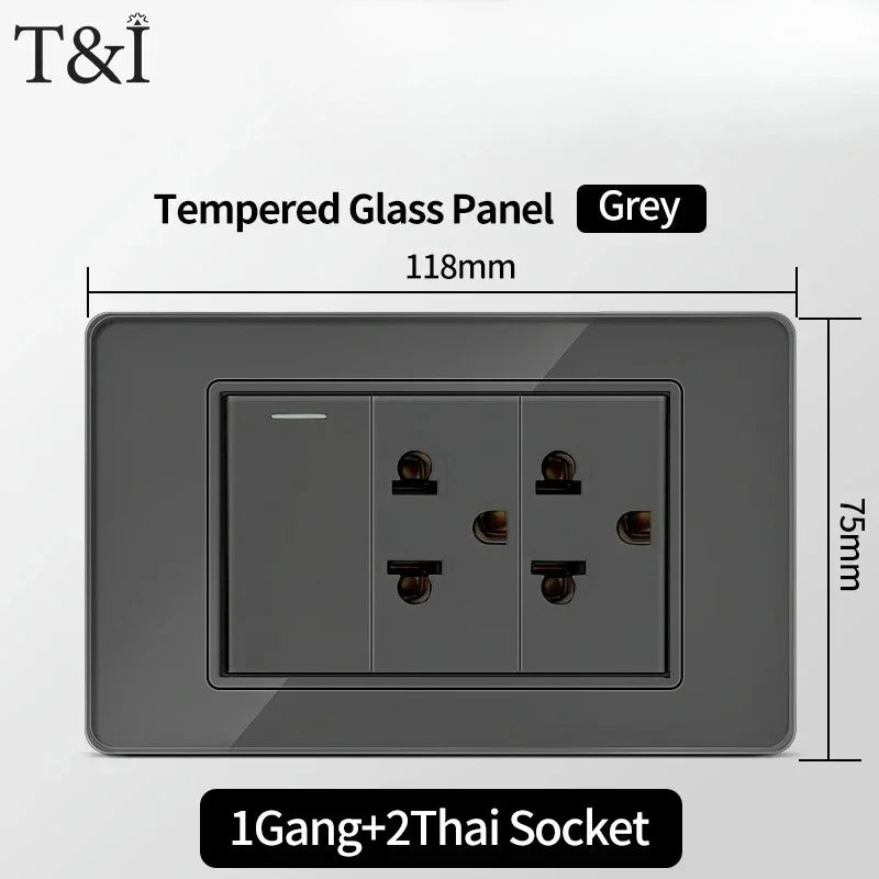118*75mm Tempered Glass Socket US Wall Socket Thai USB Socket Plug with Dual USB Type-C Ports,Light Switch 110V