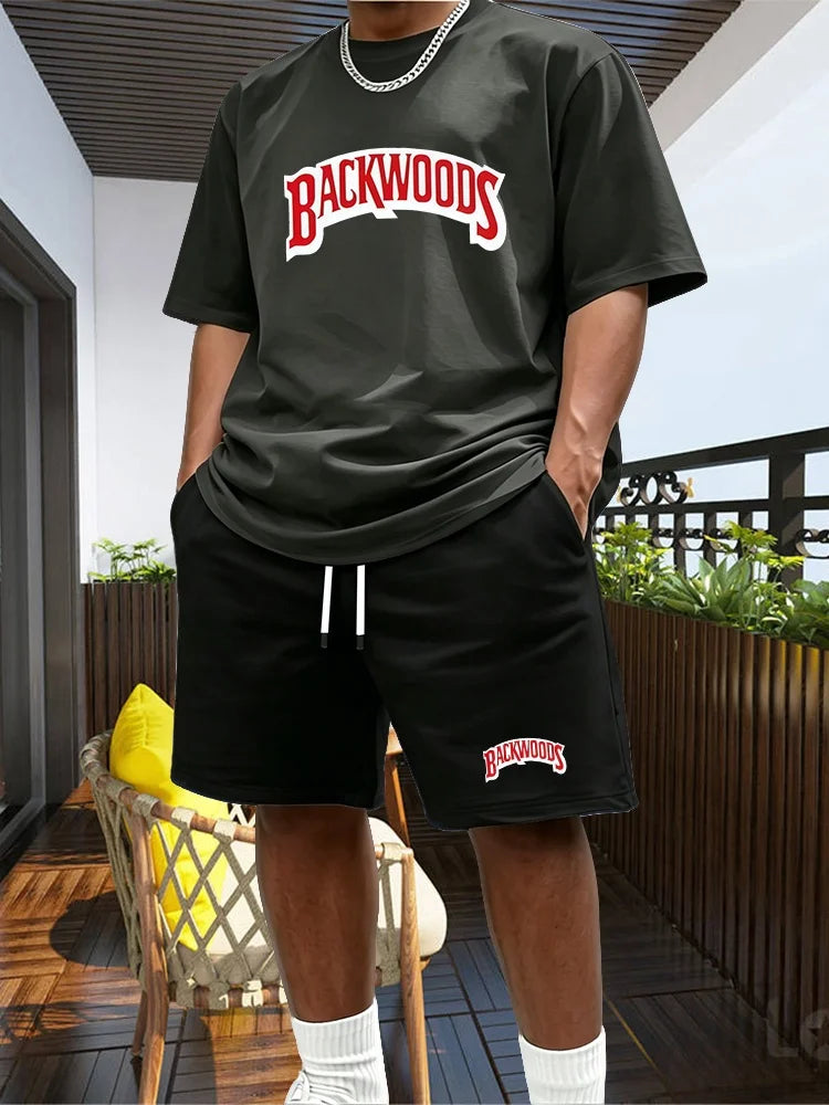 2026 New Summer Men's Fashionable Round Neck Short Sleeved Suit Black Brand Casual Jogging Clothes Sportswear