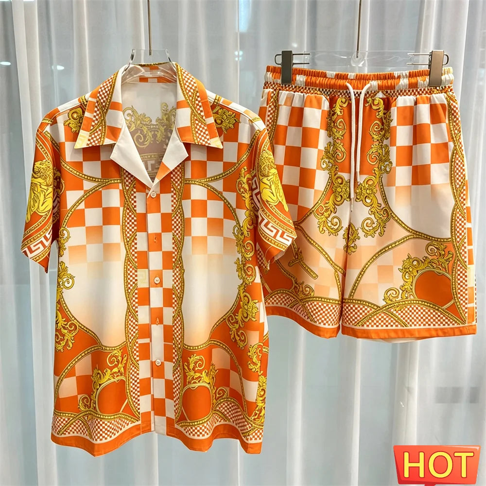 Gradient Leisure vacation two-piece set Summer mens shirt set men's matching sets menswear clothing Two piece shorts shirt sets