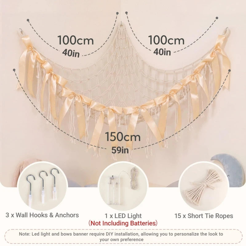 Large Toy Hammock Net Organizer Bohemian Tassel Bow Stuffed Animal Hammocks Wall Corner Hanging Storage Mesh Home Decoration