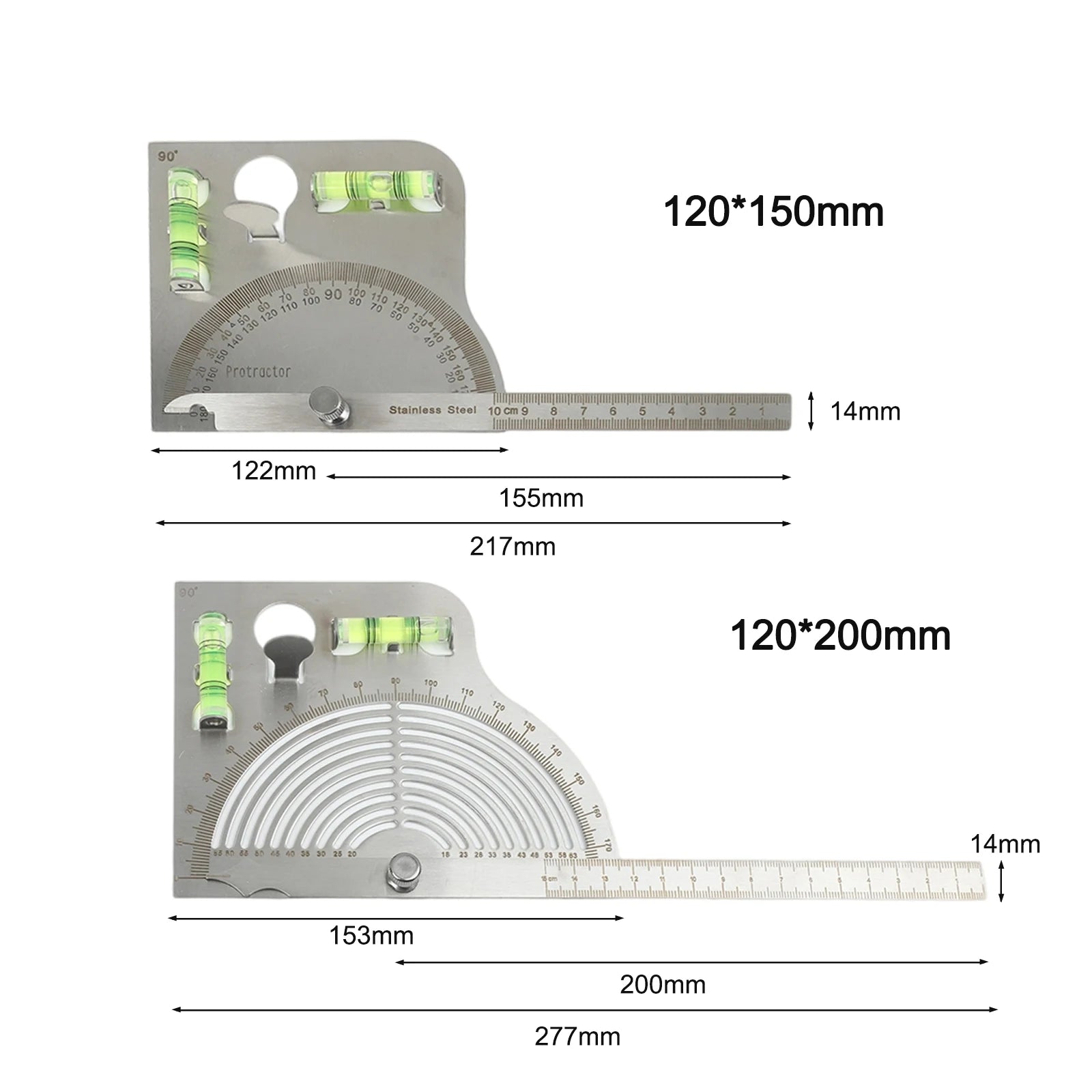 180 Degree Adjustable Stainless Steel Angle Ruler Measuring Tool with Level Protractor and Fixed Scale for Precision Tasks
