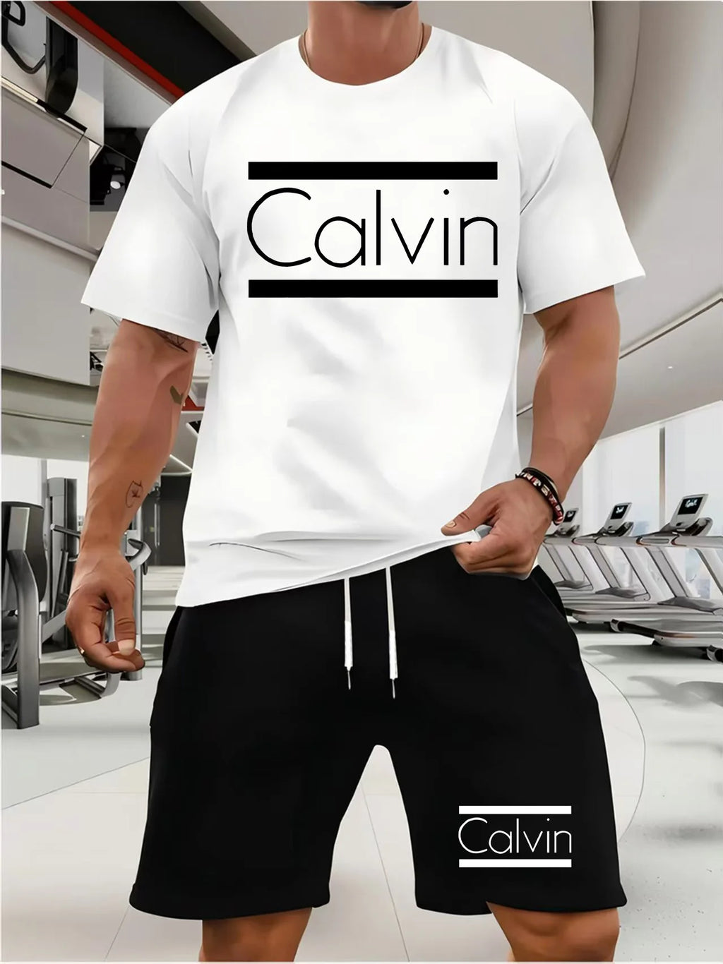 Men's T-shirt and shorts set summer casual loose and fashionable Calvin letter print comfortable round-neck short-sleeved T-shir