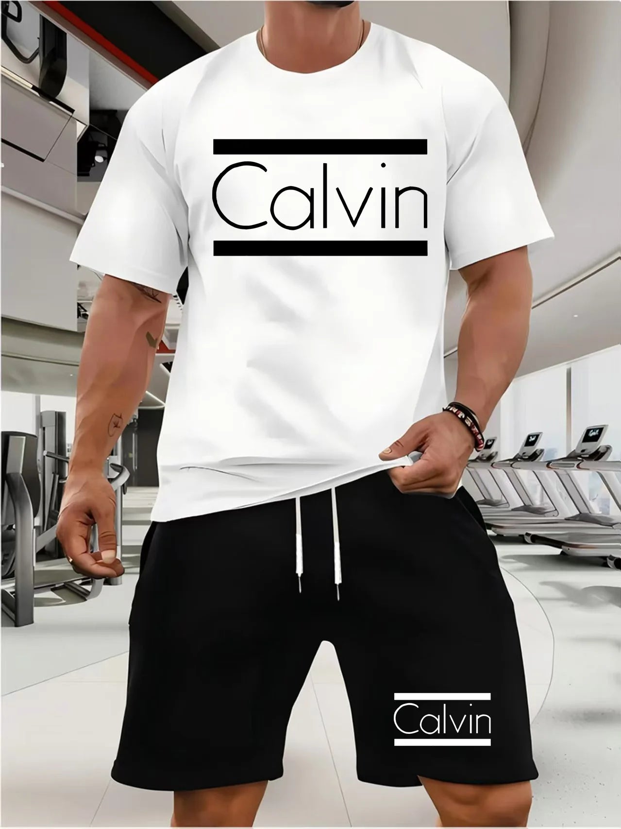 Men's T-shirt and shorts set summer casual loose and fashionable Calvin letter print comfortable round-neck short-sleeved T-shir