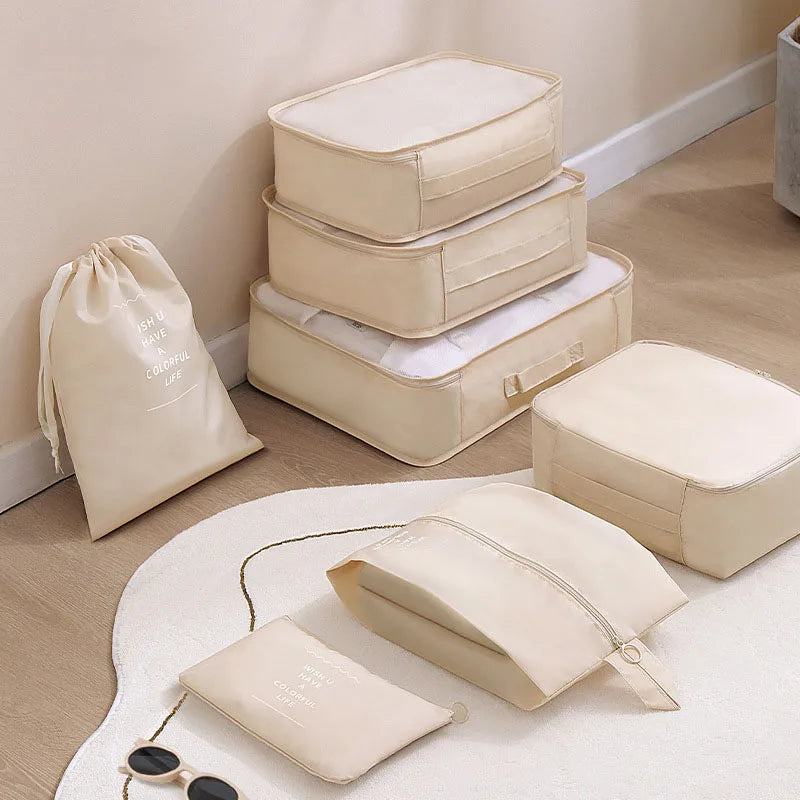 7Pcs Travel Packing Cubes Set Waterproof Luggage Organizer with Drawstring Storage Pouches for Clothes Shoes Underwear - Suitcas