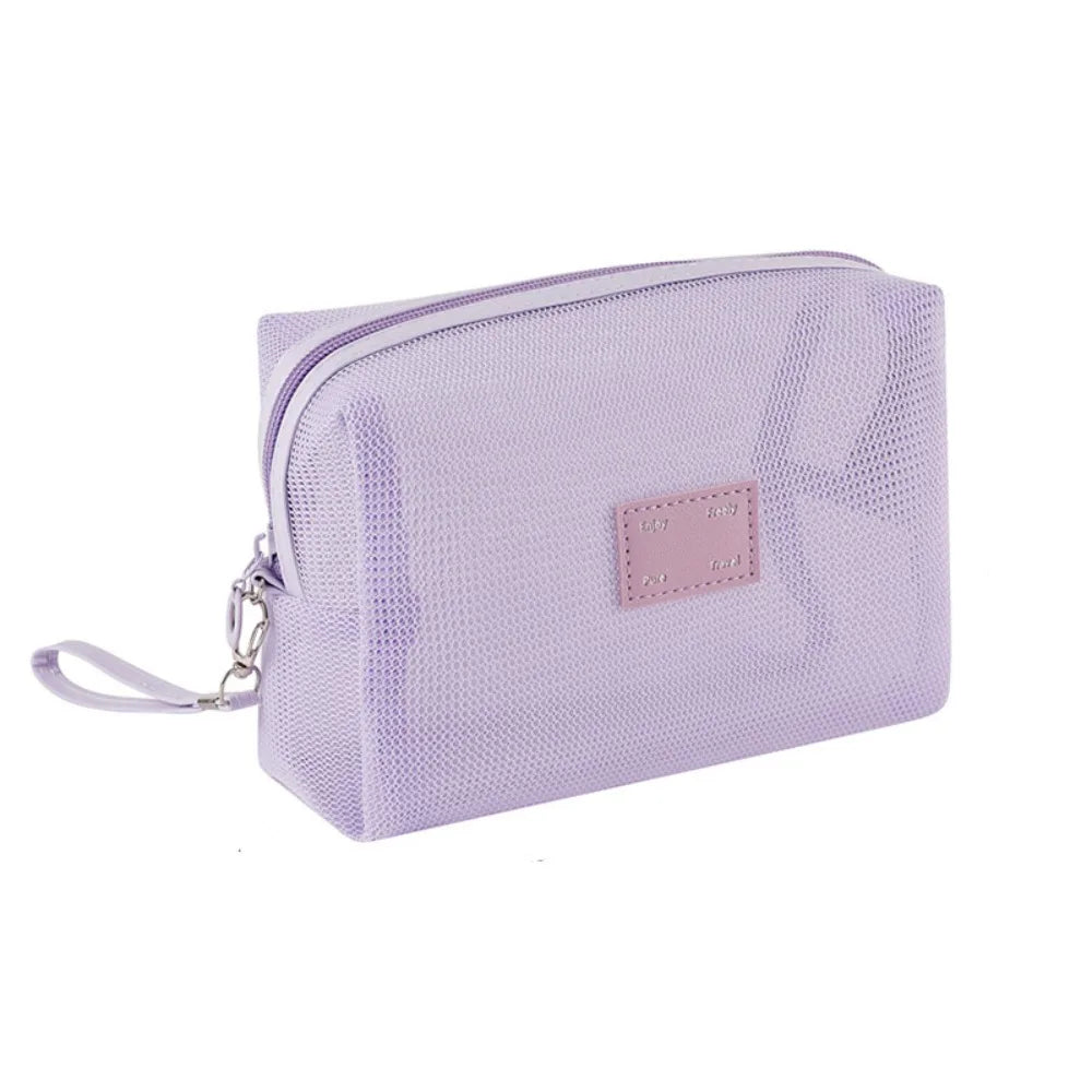 Portable Mesh Handheld Makeup Bag Square Lightweight Storage Toiletry Bag Zipper Large Capacity Transparent Mesh Cosmetic Bag