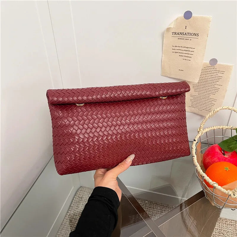 Braided Texture Fashion Retro Solid Color Clutch Bag PU with Lightweight Magnetic Closure Water Resistant for Daily Use