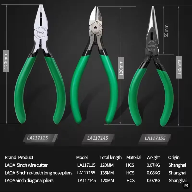 LAOA 5" wire cutters with viscose handle, small needle-nose pliers, small oblique-nose pliers, manual pliers