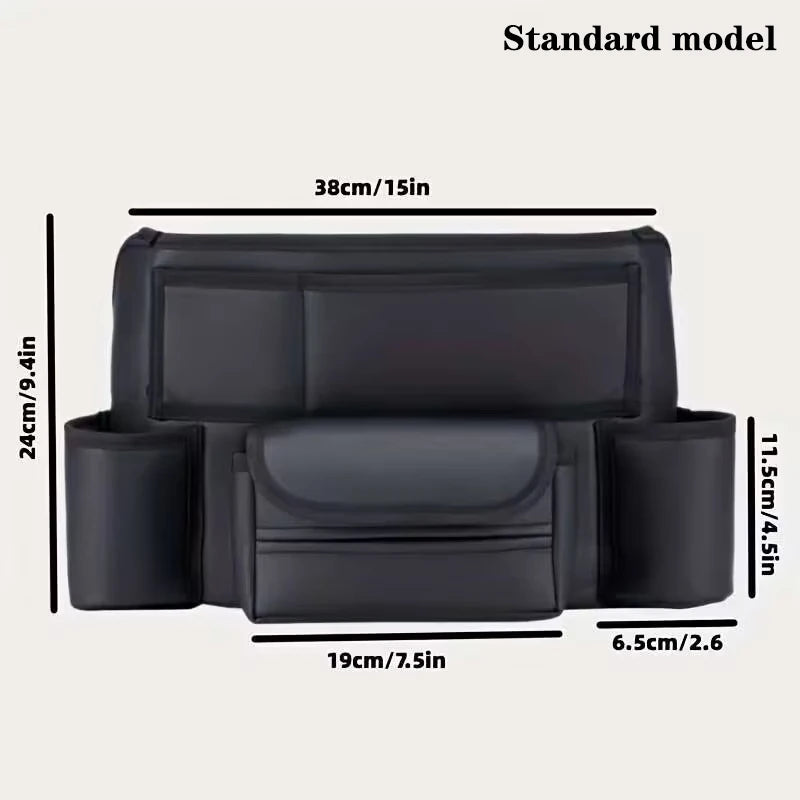 【ZYAA-1】One Durable PU Leather Car Seat Storage Bag With Cup Holder, Side Pockets And Front Storage Compartment.