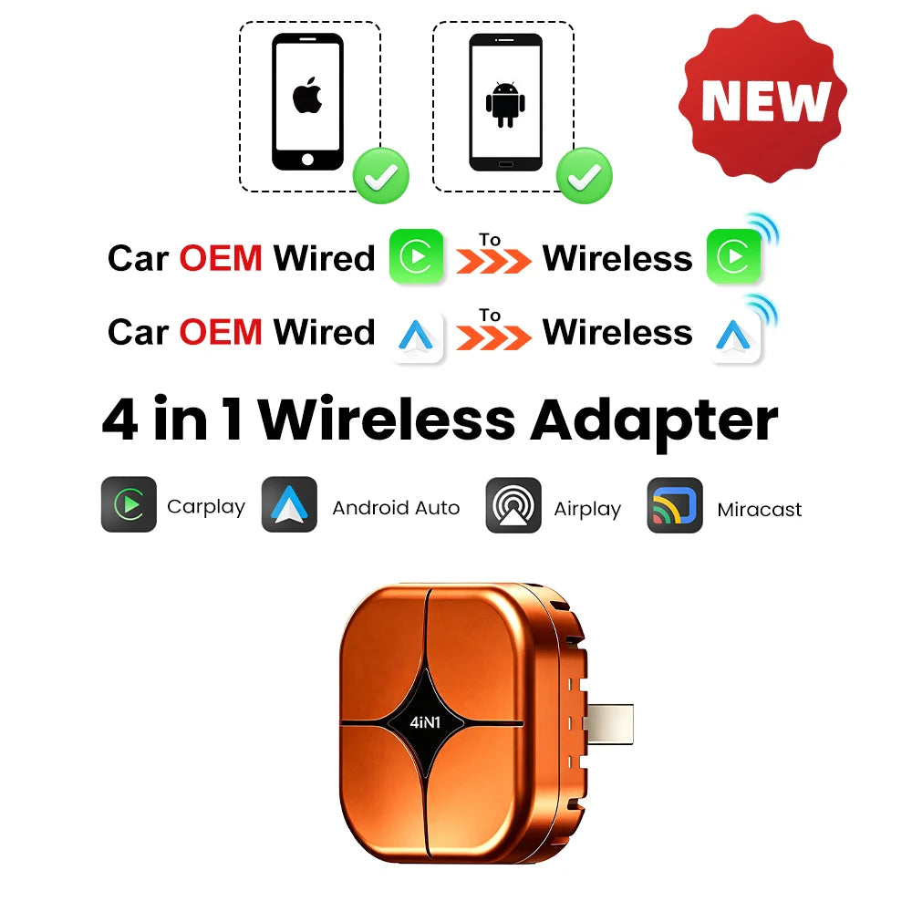 4-in-1 Dongle Wireless CarPlay Adapter for Android Auto, Mirror Link, For Ios18+ Carplay Airplay Screen Mirroring, Plug & Play