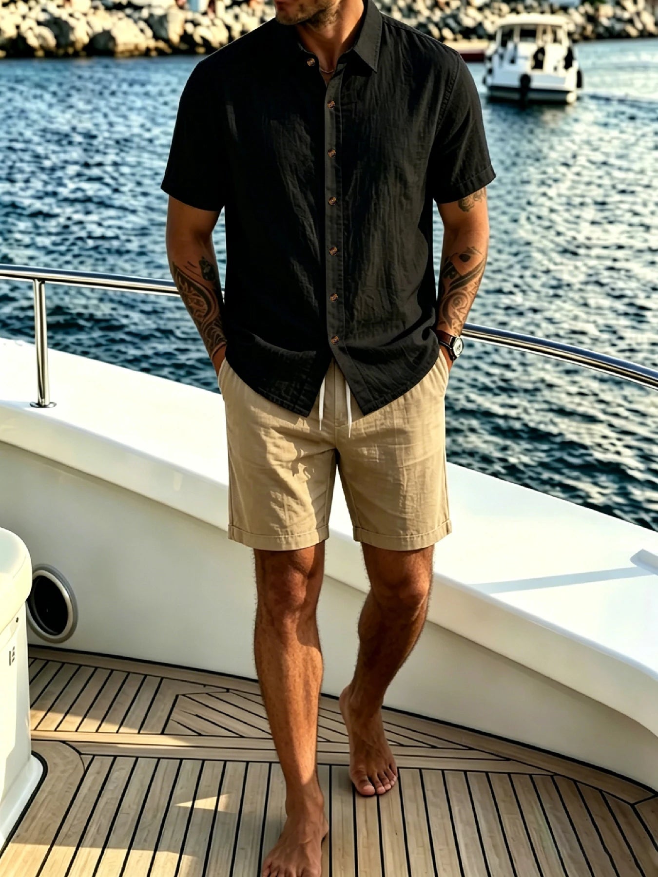 Men's Island Vacation Shirt & Shorts 2 Piece Set, Textured Breathable Fabric, Button Down Shirt & Drawstring Shorts for Yacht Tr