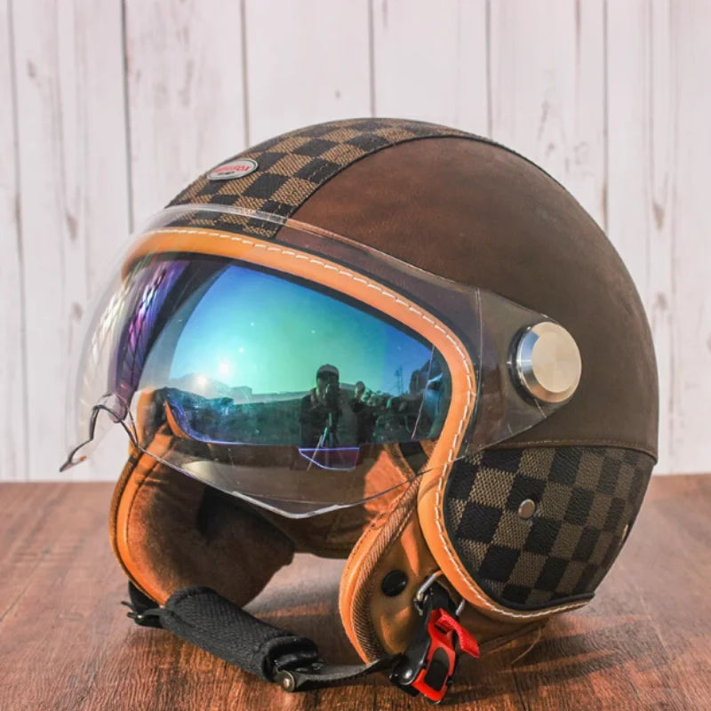 Brown Leather Original DOT ECE 3/4 Open Face Helmet MT Capacete Motorcycle Helmet JET Scooter Bike Half Helmets Cascos Para Moto