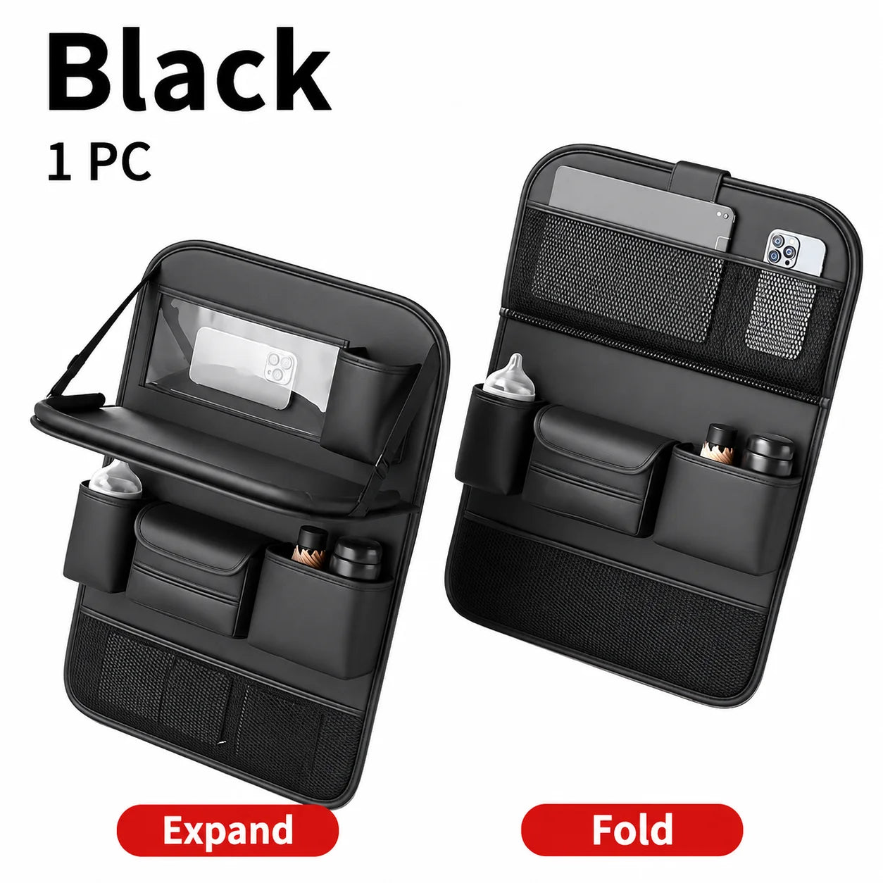 Car Seat Back Organizer with Kids Folding Tray Table, Hanging Storage Bag for Back Seat Travel Dining Desk