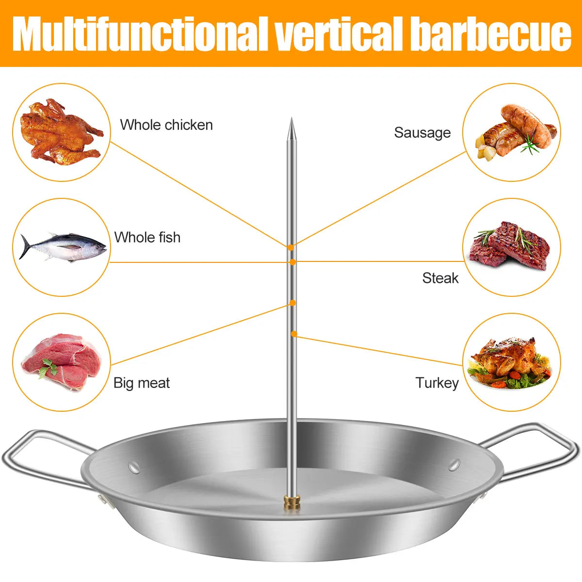 Vertical Meat Skewer Stainless Steel BBQ Vertical Skewer Grill with 3 Replacement Spikes Barbecue Vertical Skewer Grill Rack