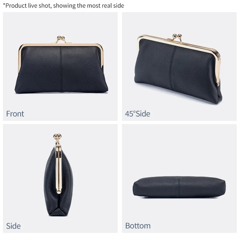 Vintage Genuine Leather Clutch Purses for Women Small Evening Bag with Kiss Lock Closure Metal Frame Long Large Clutch Wallet